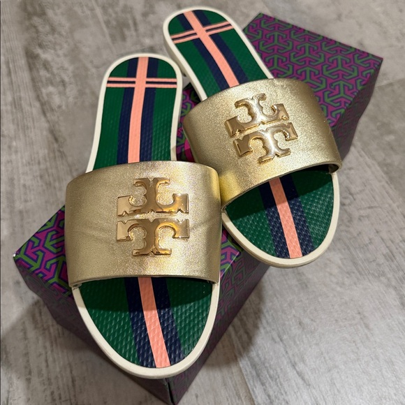 Tory Burch Shoes - TORY BURCH - WOMEN’S GOLD LOGO JELLY SLIDE - SIZE 8
